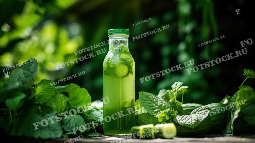 Фотография изображает бутылку с зеленым соком, украшенную ломтиками огурца и листьями мяты. Напиток стоит на фоне свежей зелени, создавая ощущение натуральности и здоровья. Это изображение символизирует свежесть и пользу для организма.